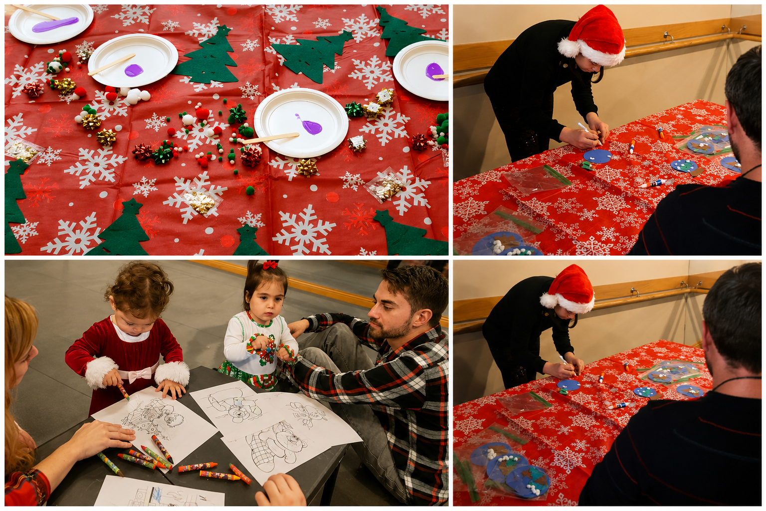 Kids and parents doing holiday arts and crafts together at a festive table