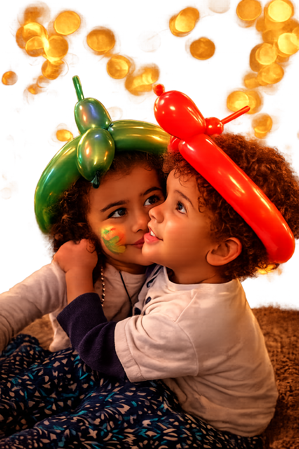 Two adorable kids wearing colorful balloon animal hats and snuggling together