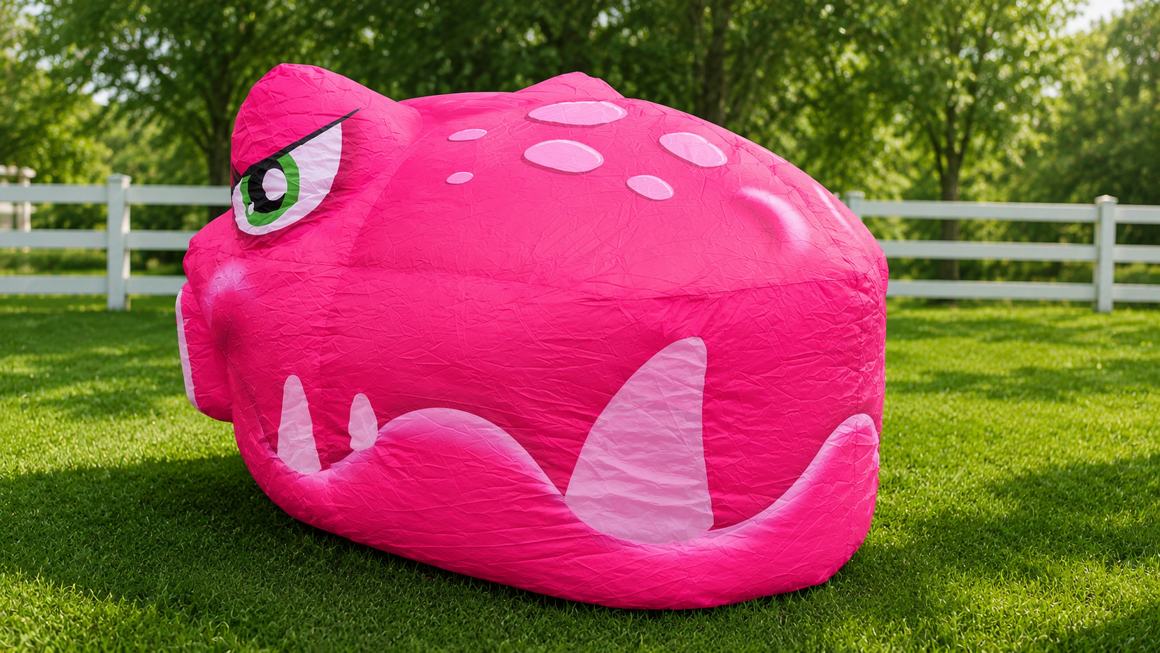 Bright pink inflatable dinosaur sensory tent on a green lawn
