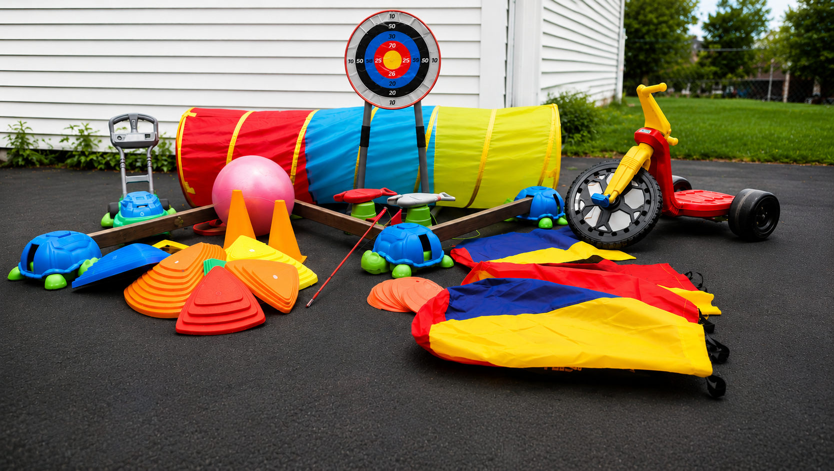 Colorful obstacle course equipment including tunnels, cones, balance toys, and a tricycle