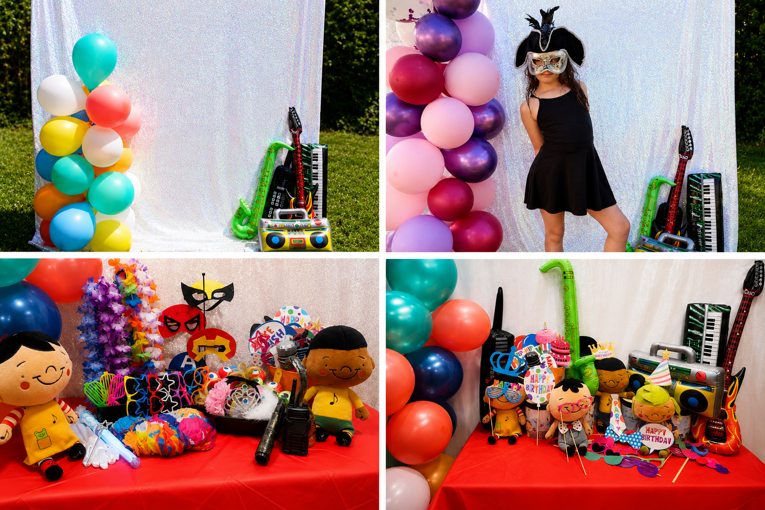 Colorful photo booth setup with balloon arches, fun props, masks, and Zumbini character dolls