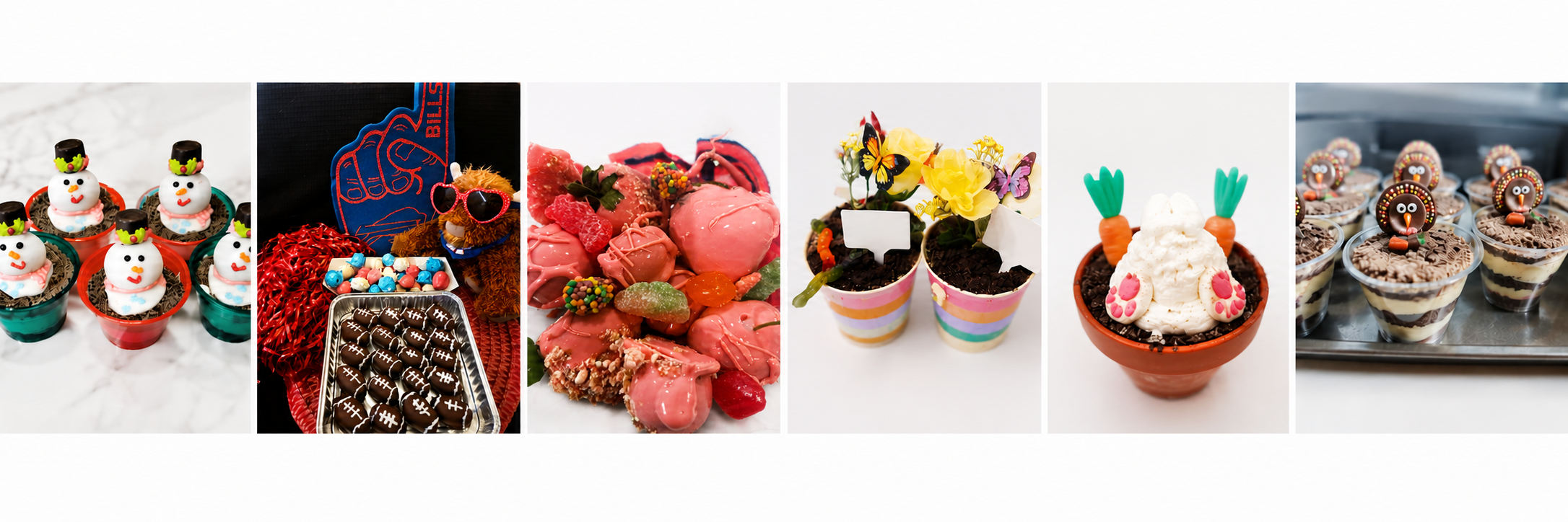 Custom sweet treat creations — themed dirt cakes, Oreo balls, candied grapes and more