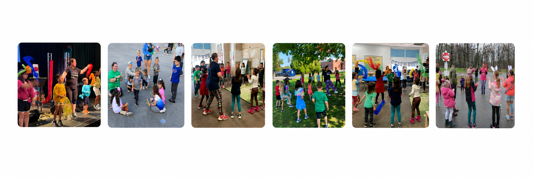 A collage of Zumbini events showing children and instructors dancing and playing together