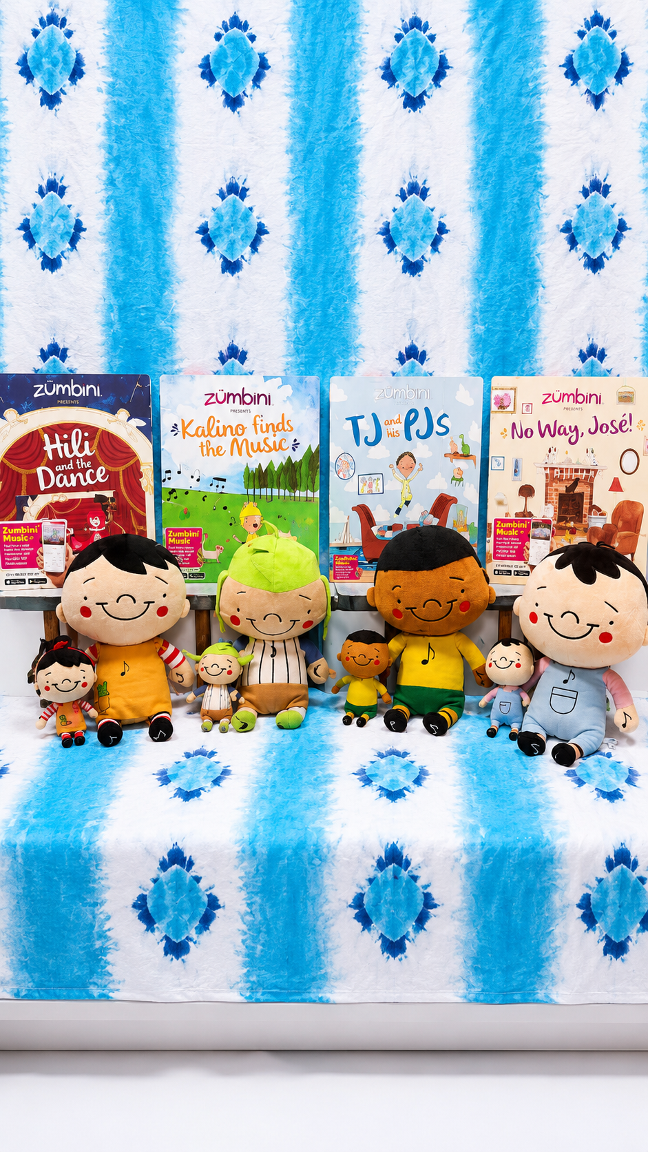 Zumbini books and character plush toys — Hili, Kalino, TJ, and José